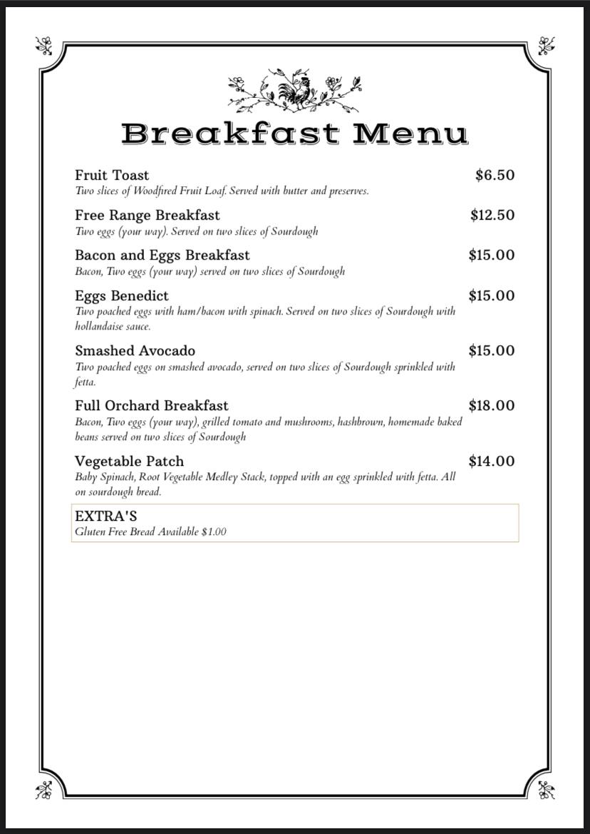 Menu at Orchard Cafe Donnybrook, Donnybrook