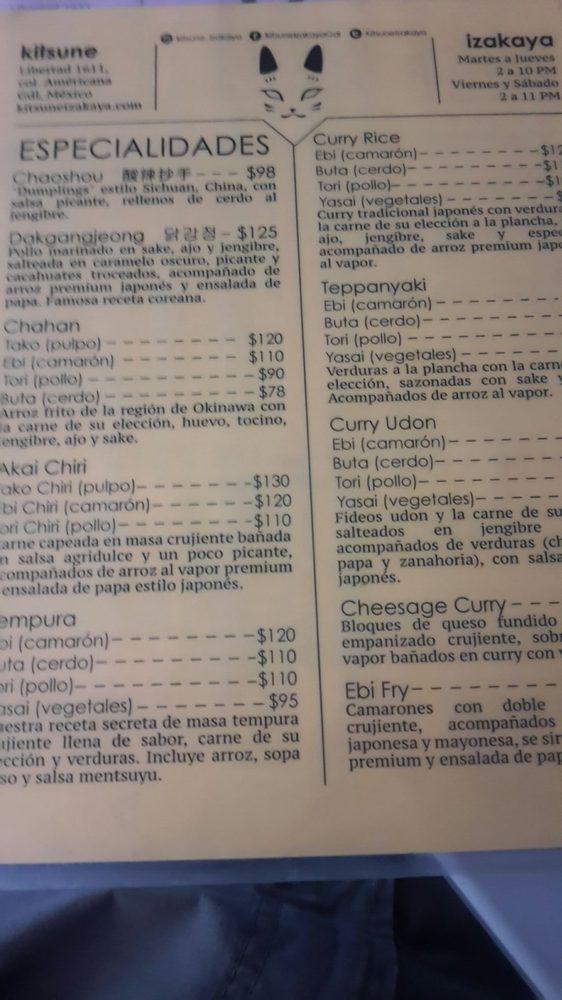 Menu at Kitsune Izakaya restaurant, Guadalajara
