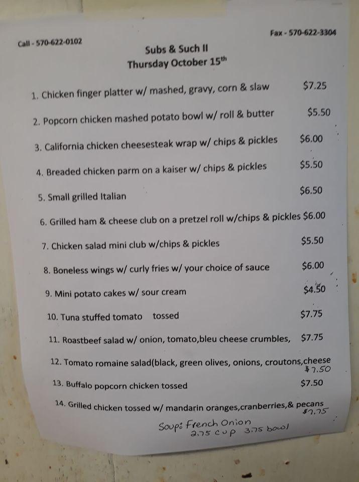 Menu at Subs N' Such restaurant, Pottsville