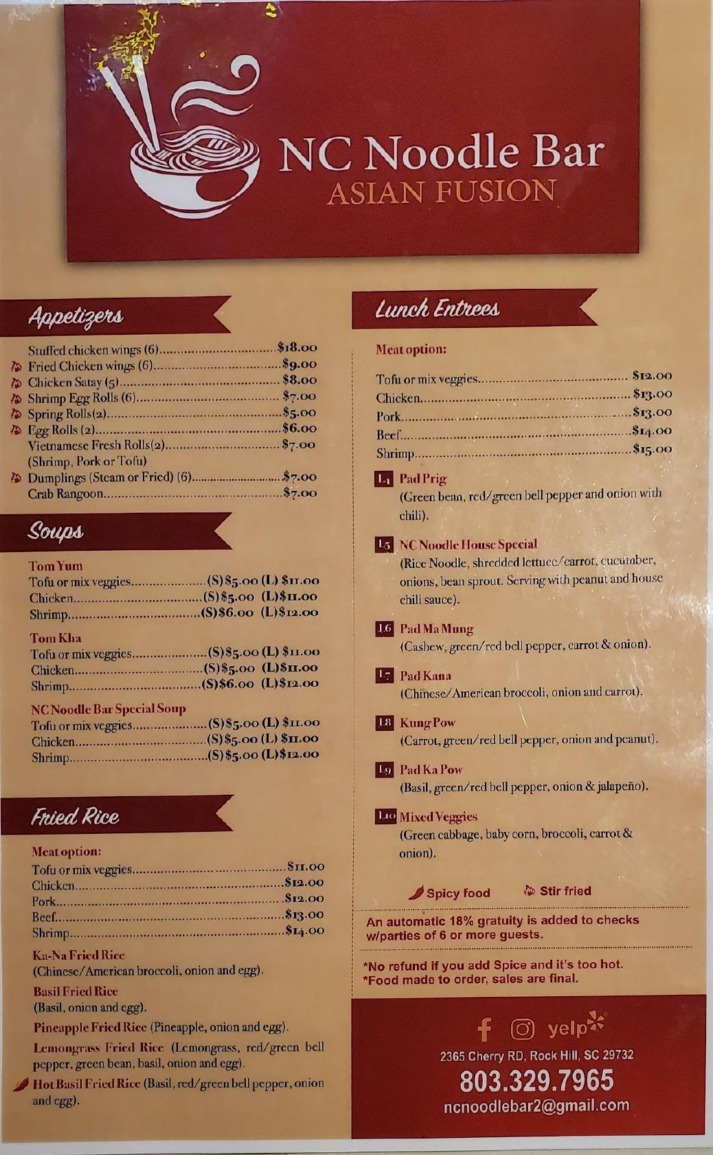 Menu at NC Noodle Bar, Rock Hill, 133 S Herlong Ave