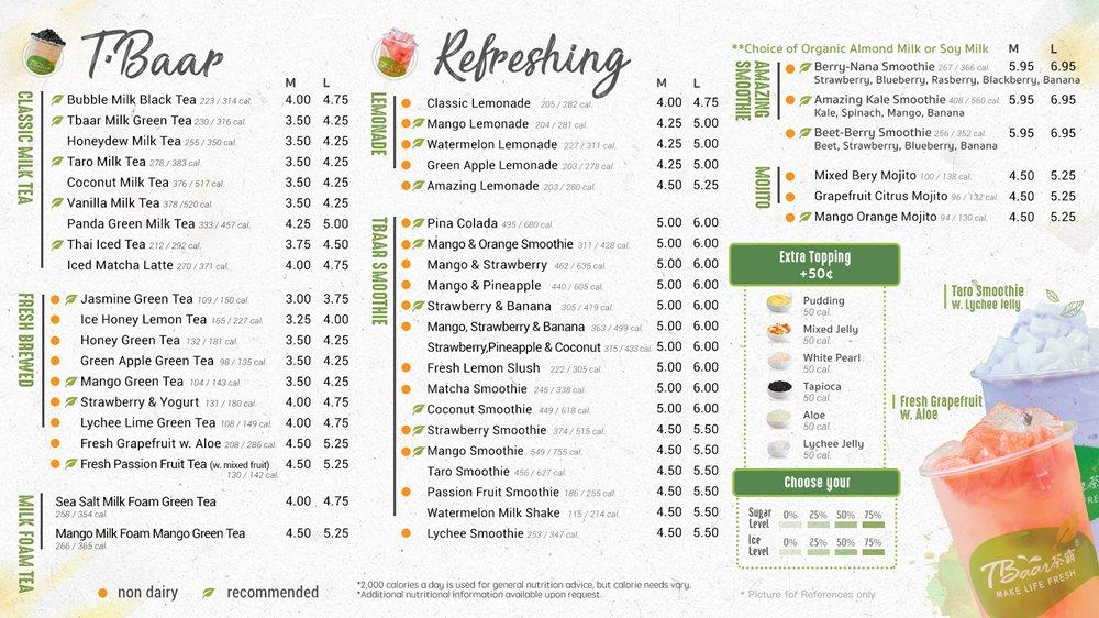 Menu at TBaar Bubble Tea, Juice, Smoothies and More! pub & bar