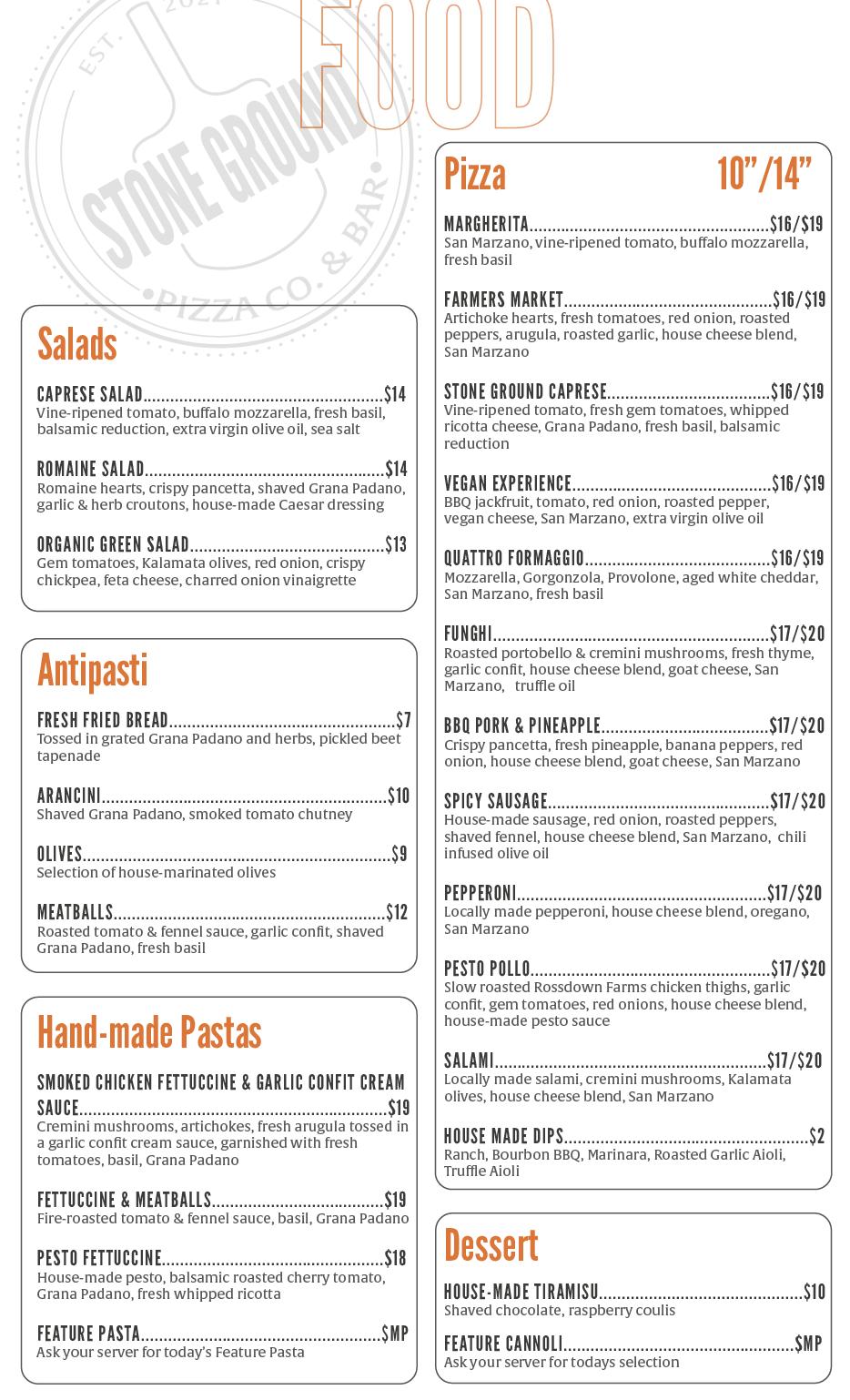 Menu at Stone Ground Pizza Co. & Bar, Victoria