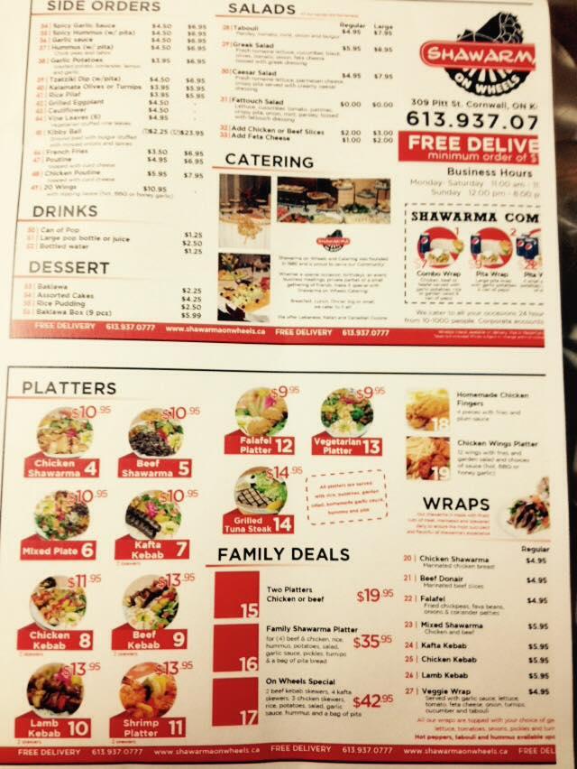 Menu at Shawarma On Wheels restaurant, Cornwall, Pitt St