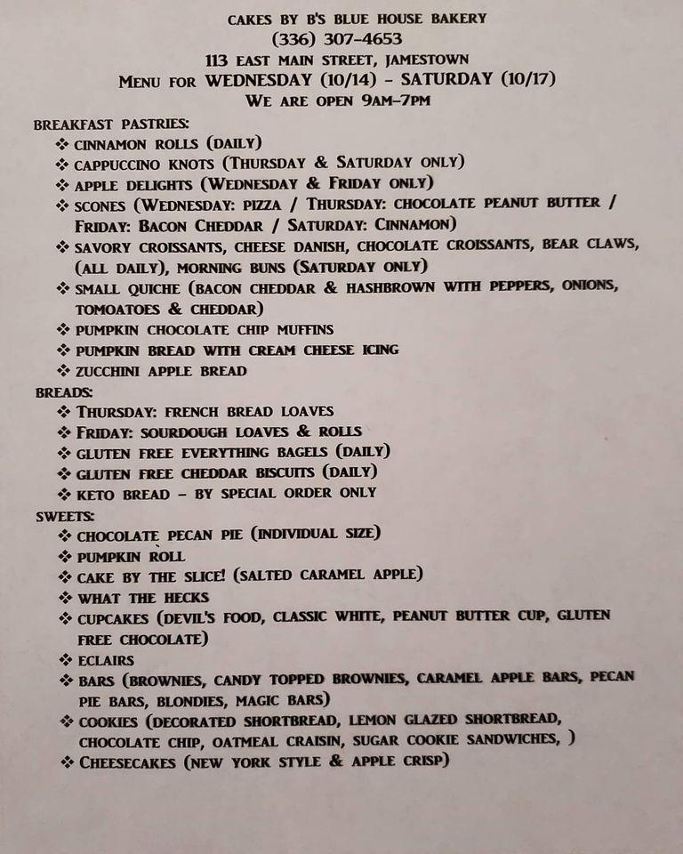 Menu at Cakes by B's Blue House Bakery, Jamestown
