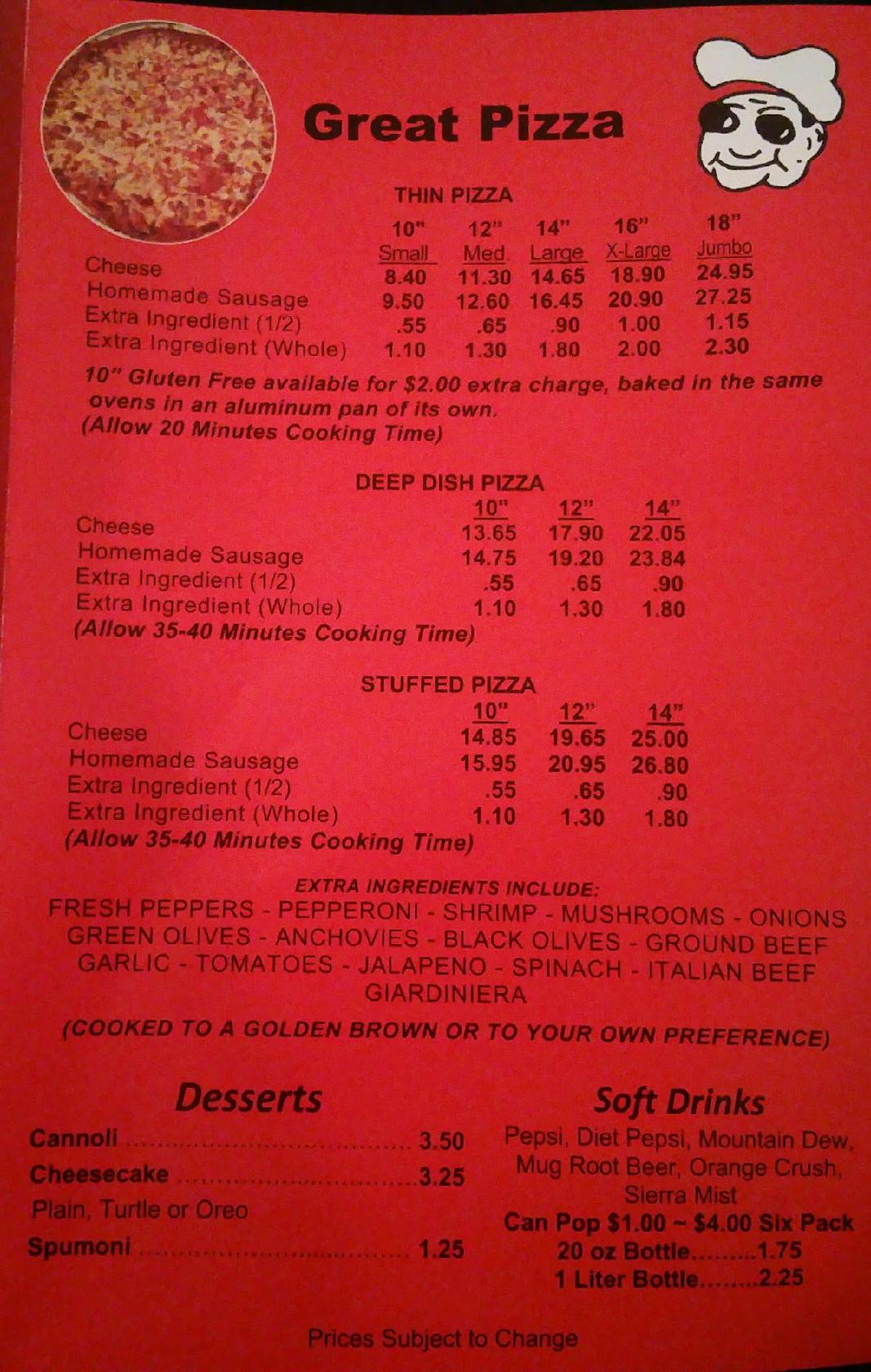 Menu at Joe's Italian Villa pizzeria, Palos Heights, S Harlem Ave