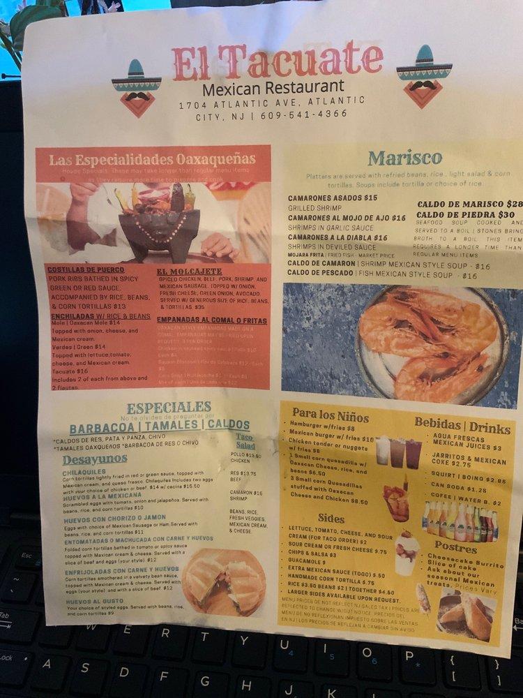 Menu at El Tacuate Mexican Restaurant, Atlantic City
