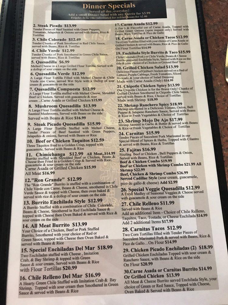 Menu at Linda's Casa Trejo Mexican restaurant, Yucaipa