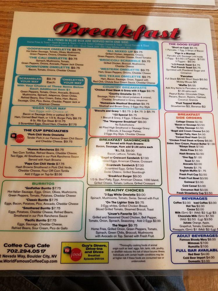 Menu at The Coffee Cup Cafe, Boulder City