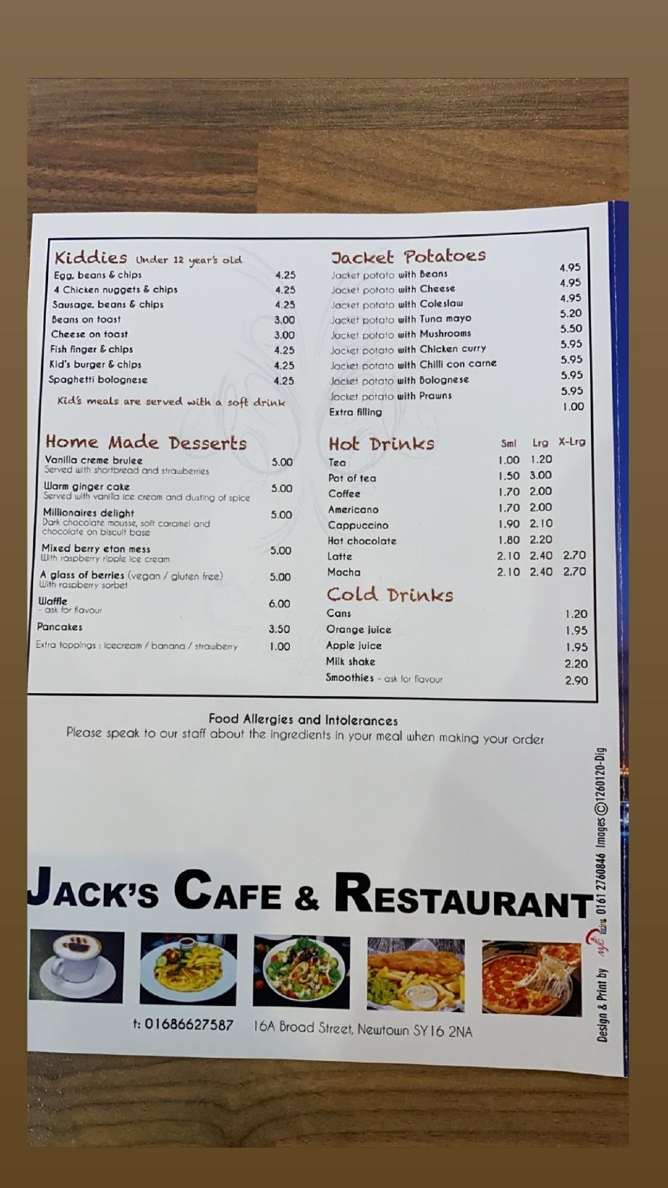 Menu at Jack's cafe restaurant, Newtown