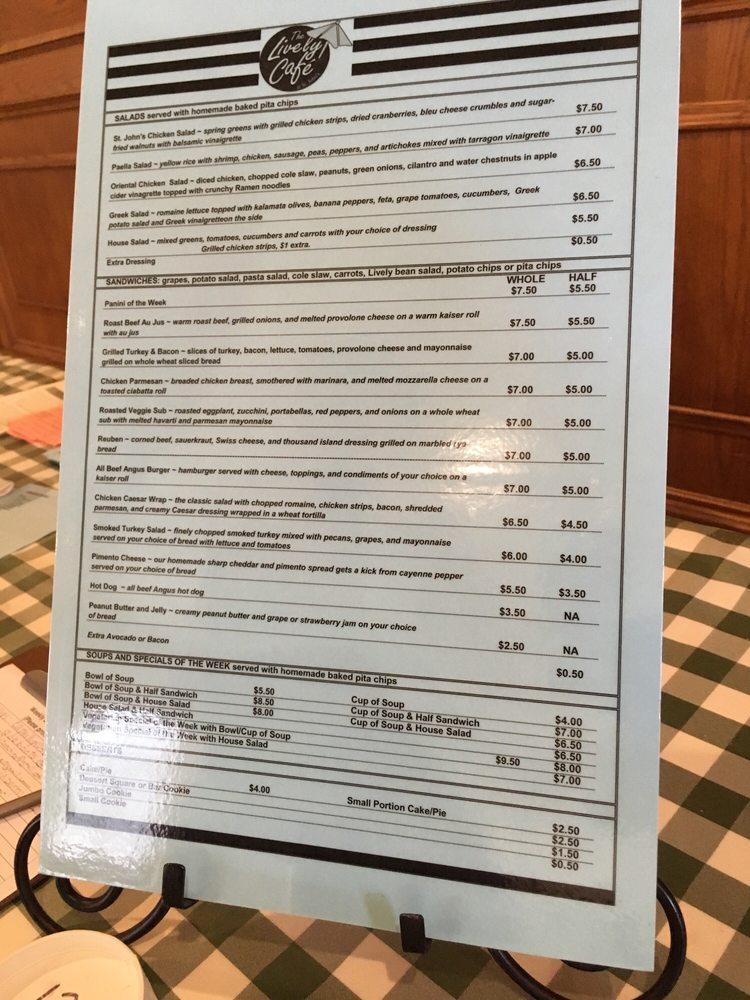 Menu at The Lively Café at St. John's cafe, Tallahassee