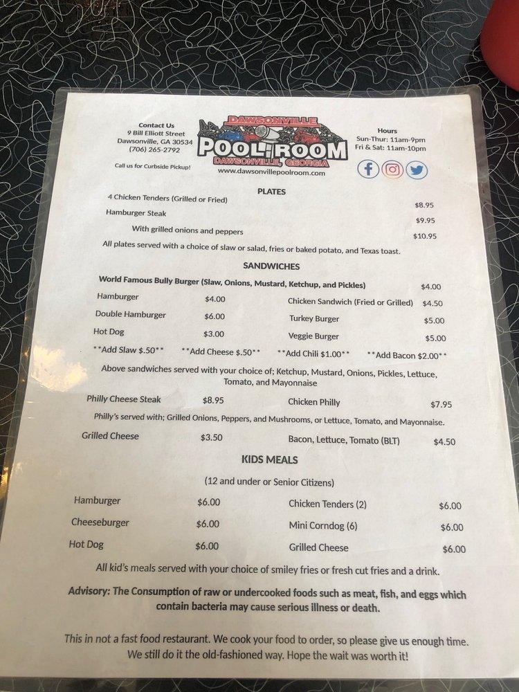 Menu at Dawsonville Pool Room restaurant, Dawsonville