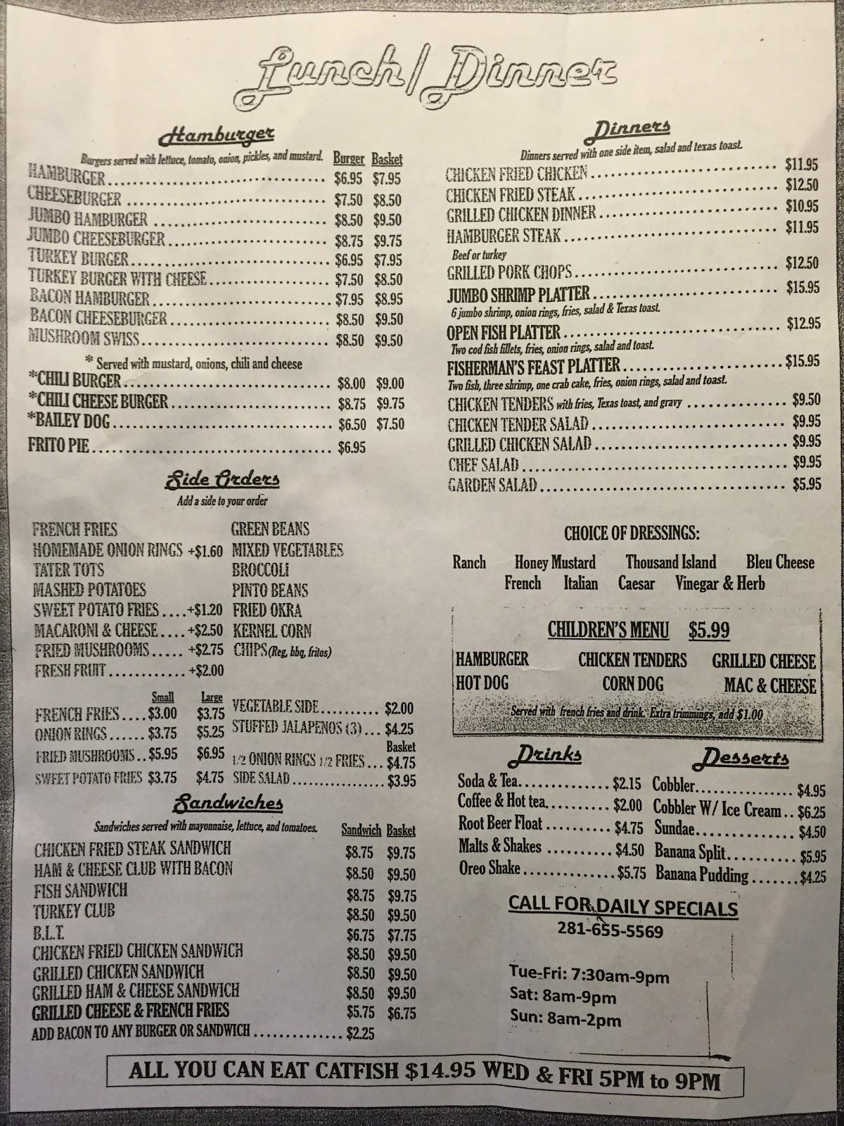 Menu at Bailey's Restaurant, Houston