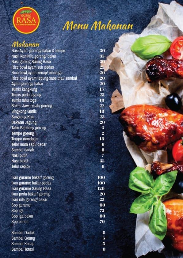 Menu at Saung Rasa Tebet restaurant, South Jakarta