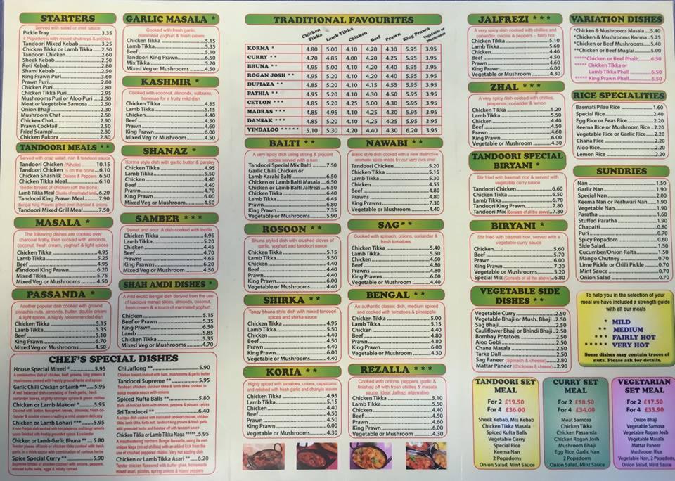 Menu at India Spice restaurant, Hull