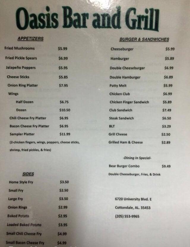 Menu at Oasis Bar & Grill, Cottondale