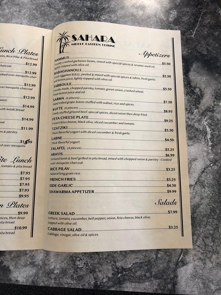 Menu at Sahara Restaurant, Pasadena