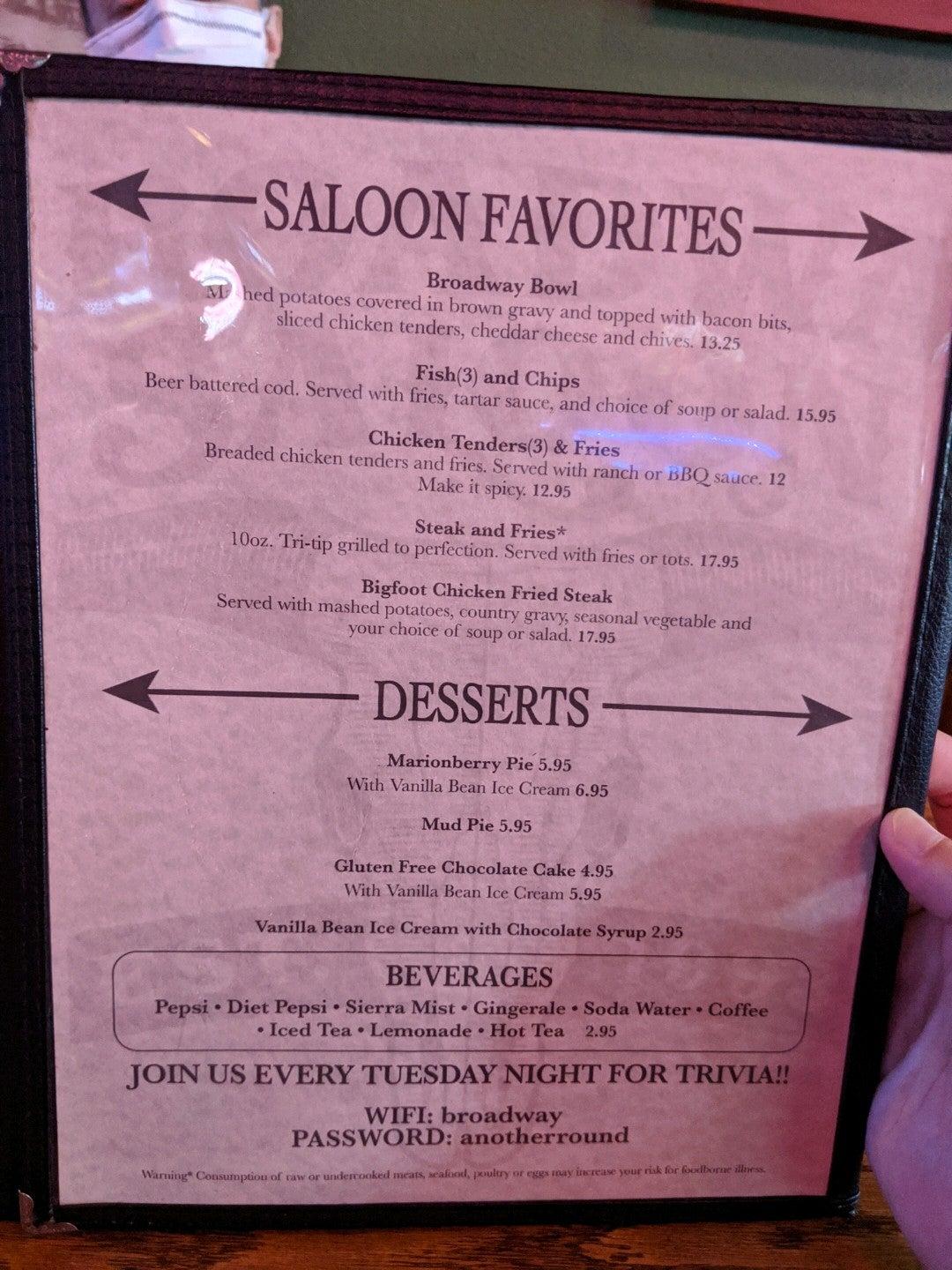 Menu at Broadway Saloon pub & bar, Beaverton, SW Broadway St