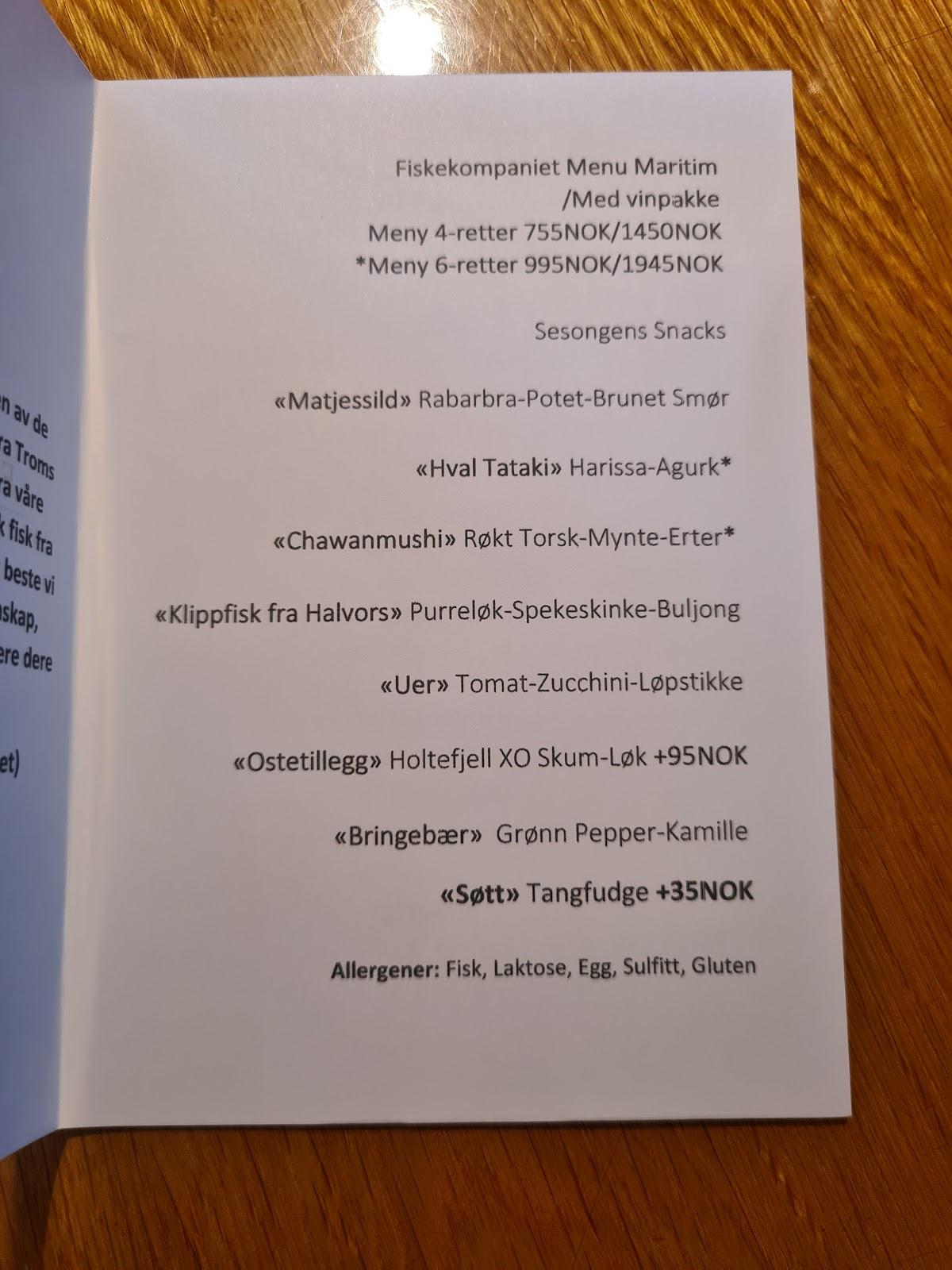 Menu at Fiskekompaniet restaurant, Tromsø