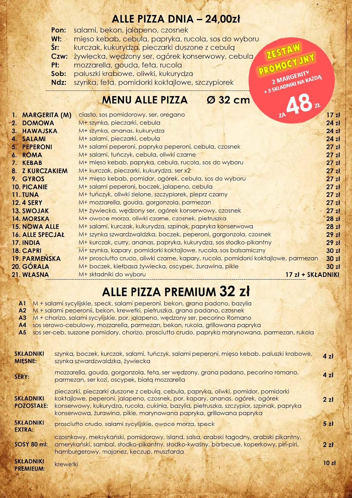 Menu at Alle Pizza restaurant, Świdnik