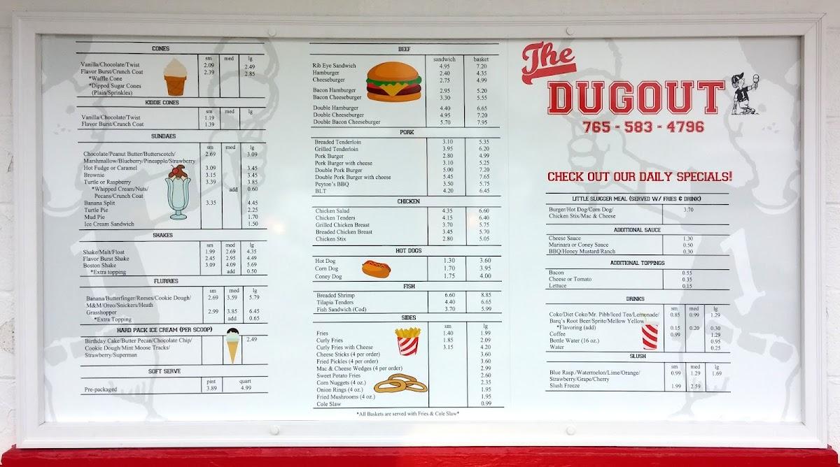 Menu at The Dugout restaurant, Otterbein