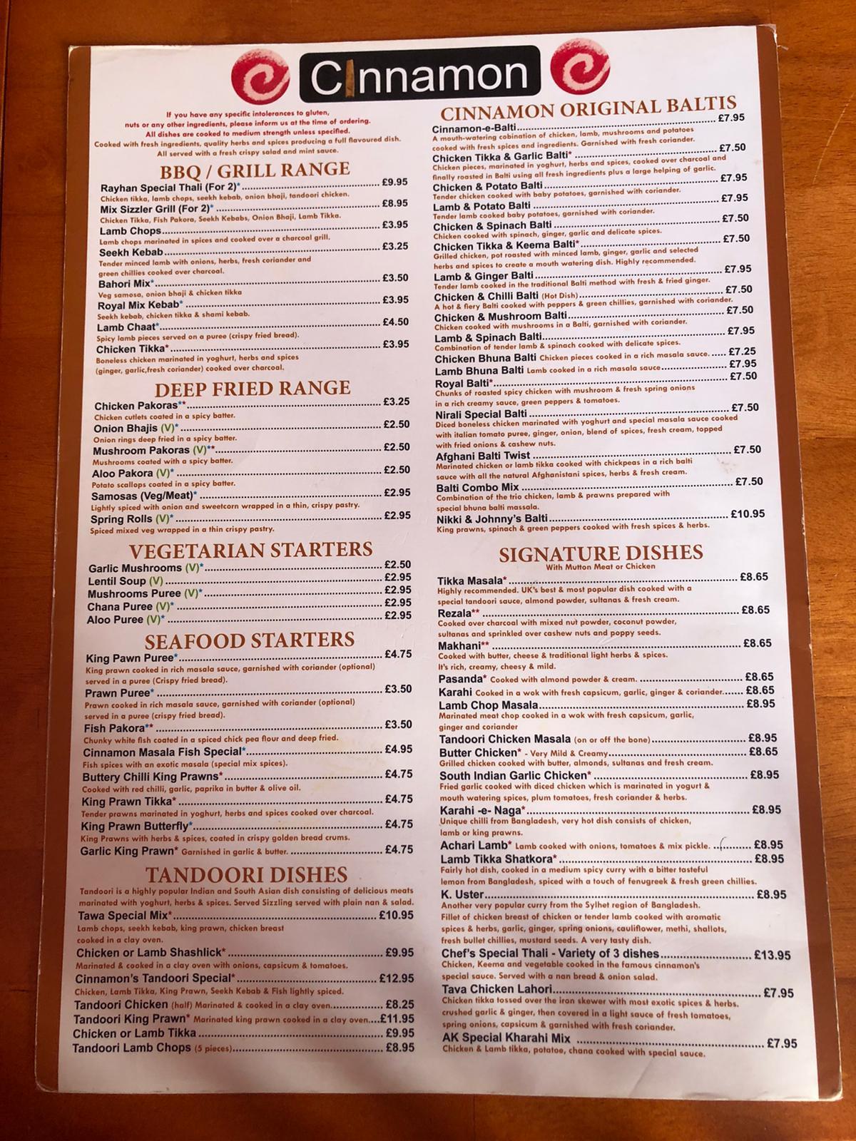 Menu at Cinnamon restaurant, Scarborough, 37 Dean Rd