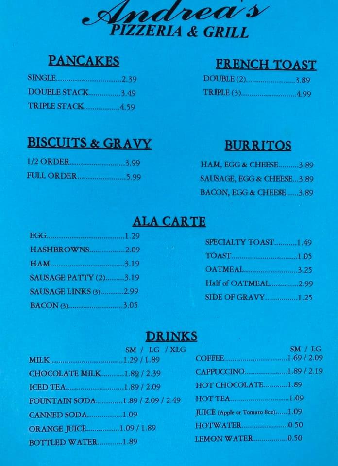 Menu at Andrea's Pizzeria and Grill, Alpha