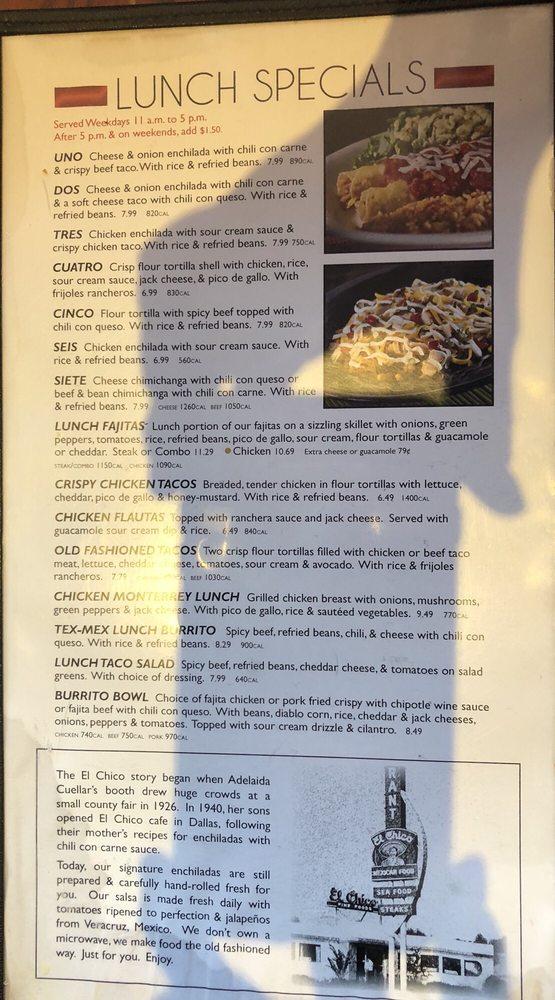 Menu at El Chico Cafe, Mountain Home
