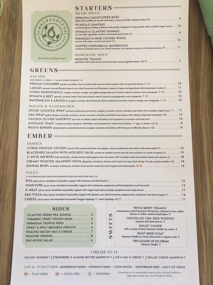 Menu at Ember & Greens pub & bar, Houston