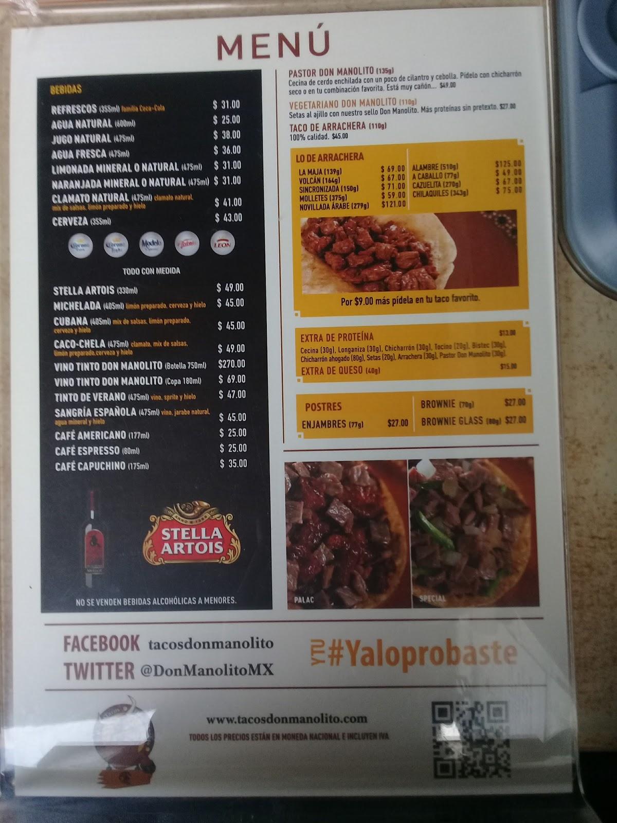 Menu at Tacos Don Manolito Pedregal restaurant, Mexico City, Av. de Las  Fuentes 569