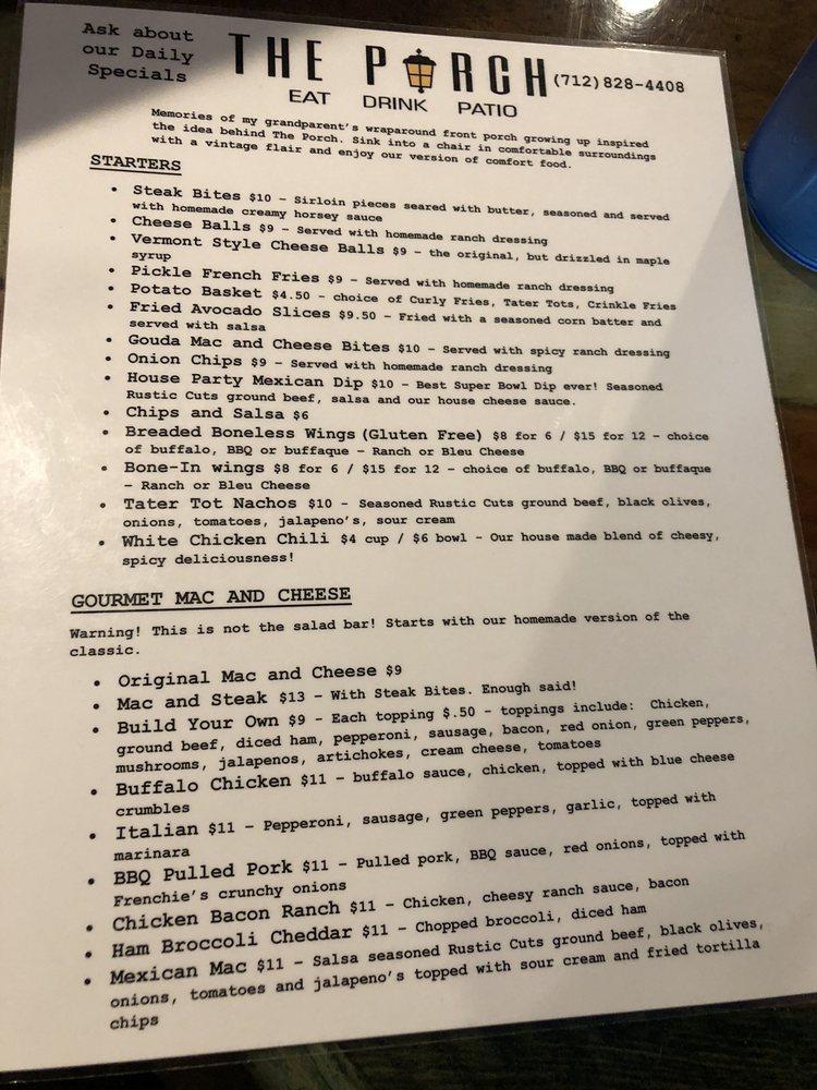 Menu at The Porch pub & bar, Council Bluffs
