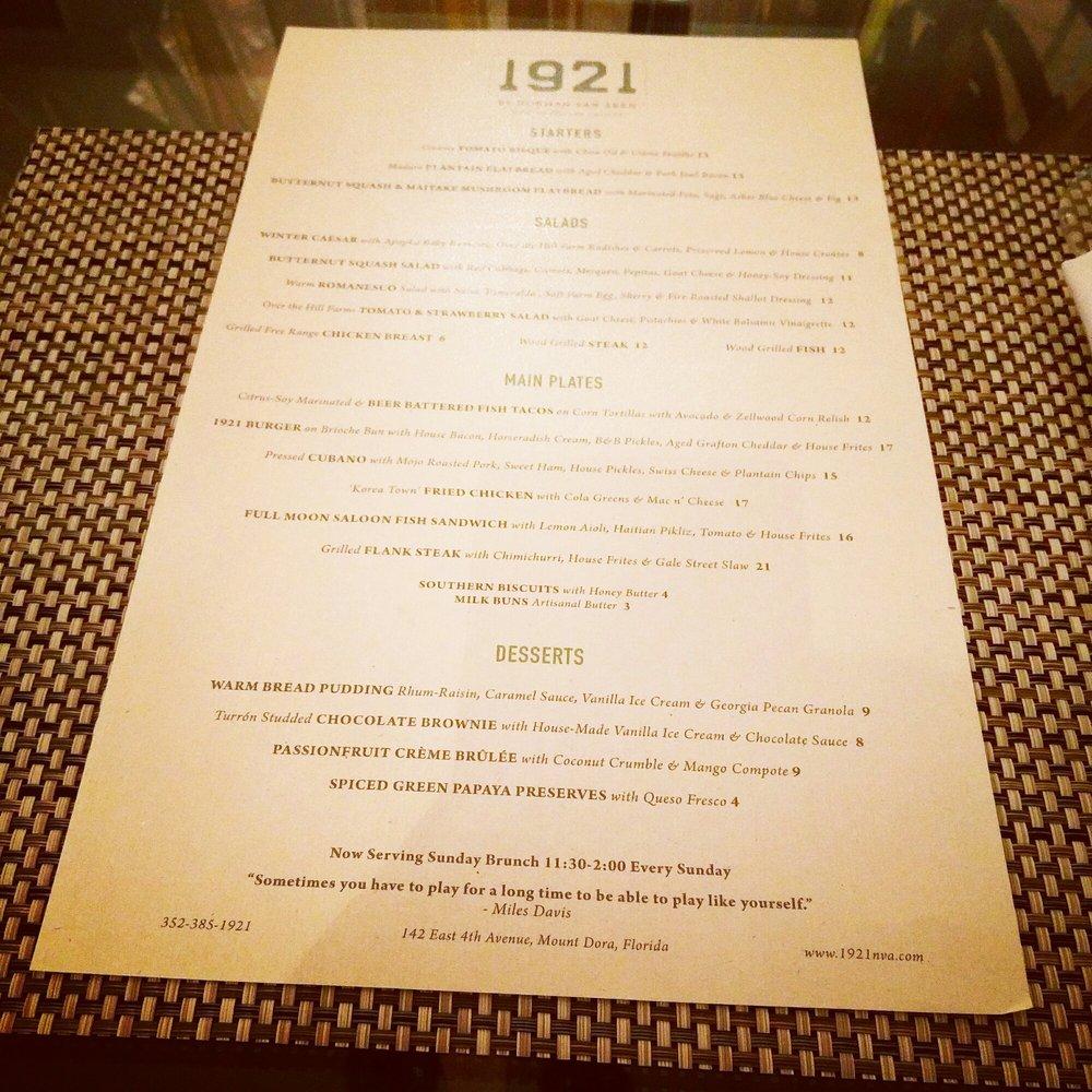 Menu at 1921 Mount Dora pub & bar, Mount Dora
