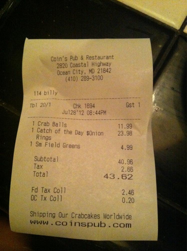 Carta de Coins Pub and Restaurant, Ocean City