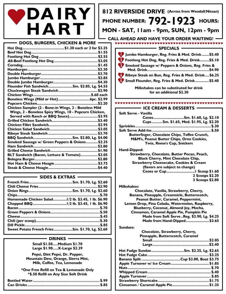 Menu at Dairy Hart restaurant, Danville, 812 Riverside Dr