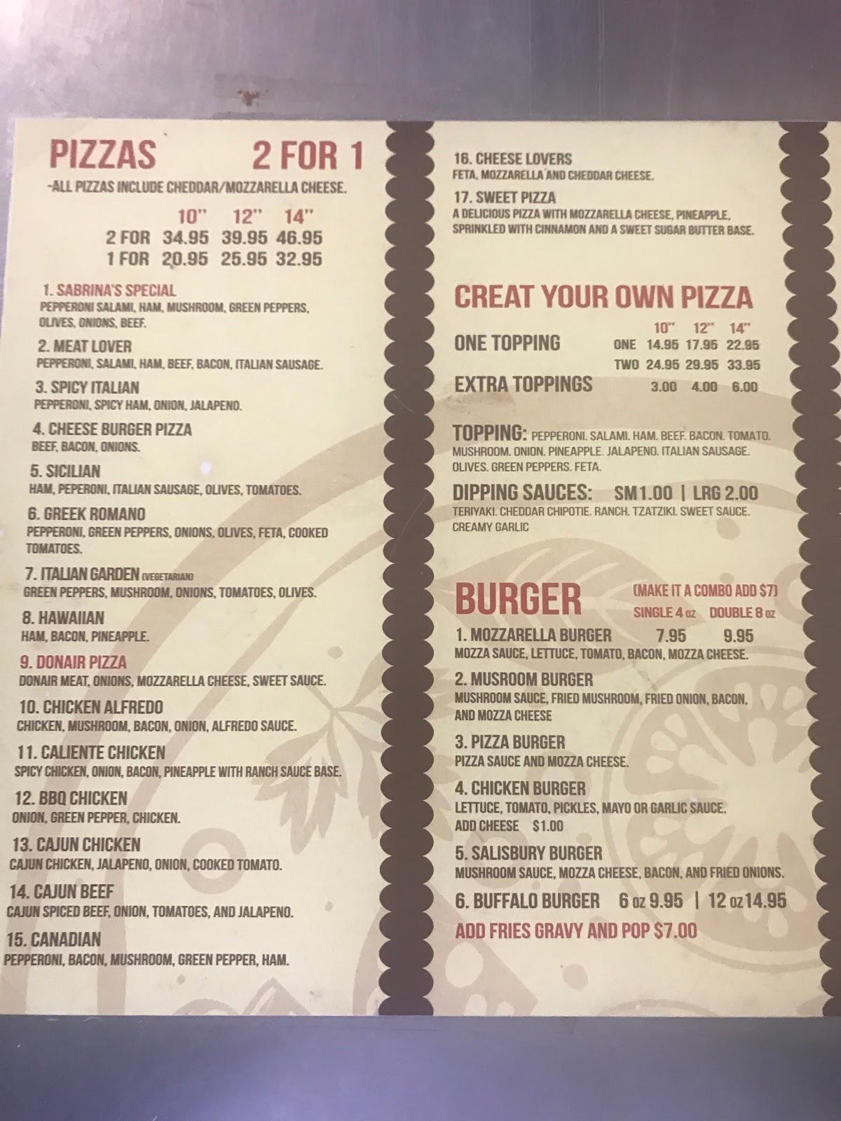 Menu at Sabrina's Pizzeria, Blackfalds