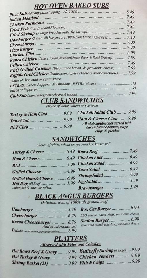 Menu at Kingsville Station, White Marsh