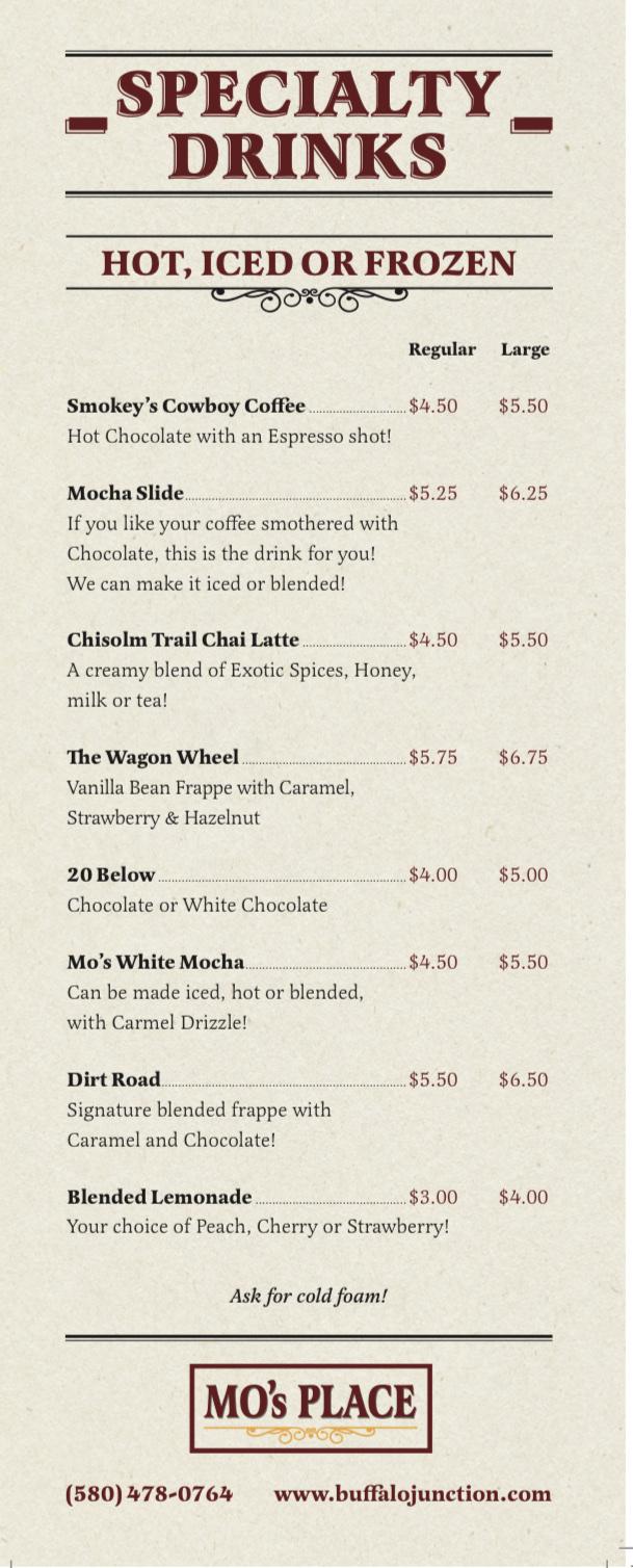 Menu at Mo's Place restaurant, Waukomis