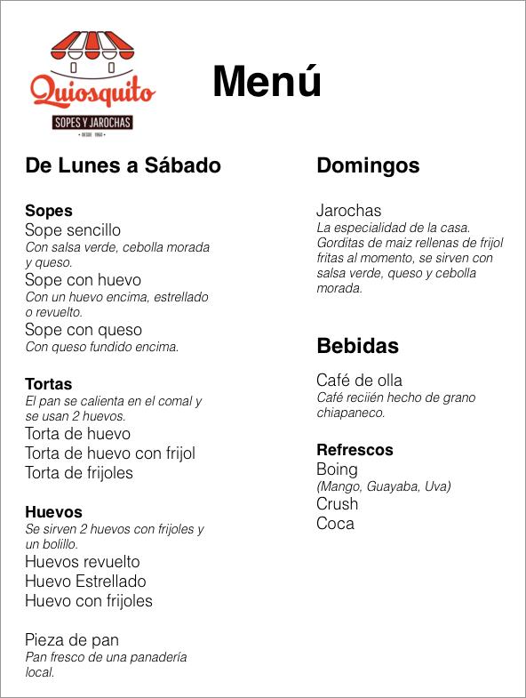 Menu at Quiosquito, sopes y jarochas restaurant, Mexico City