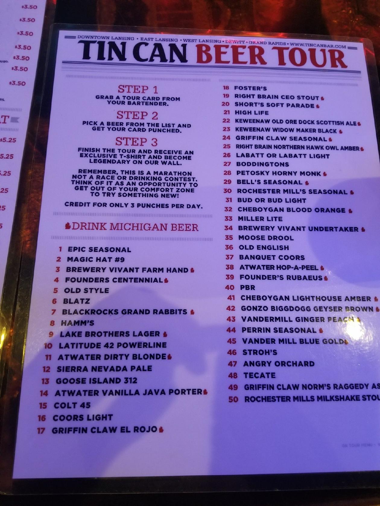 Menu at The Tin Can pub & bar, Grand Rapids