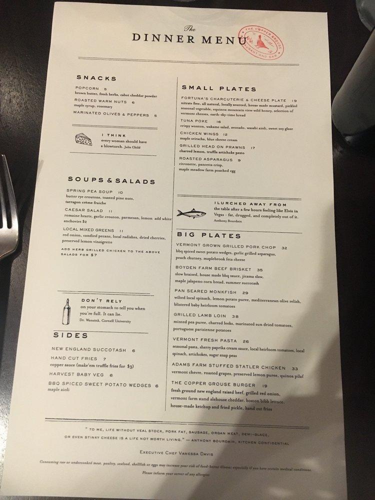 Menu at The Copper Grouse pub & bar, Manchester