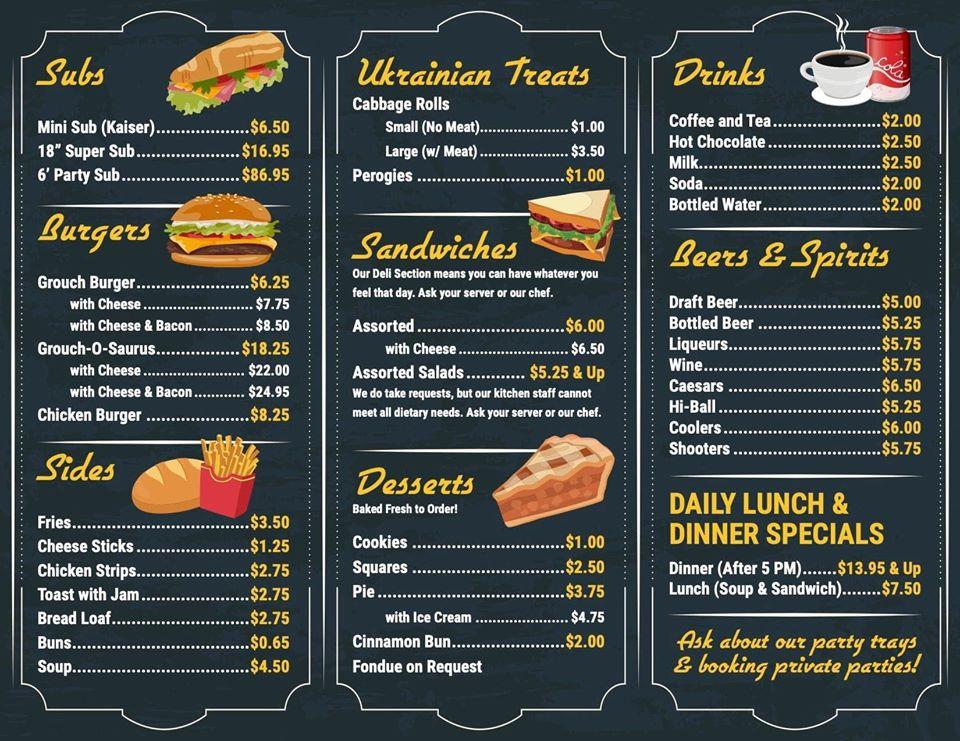 Menu at The Old Grouch cafe, Drumheller