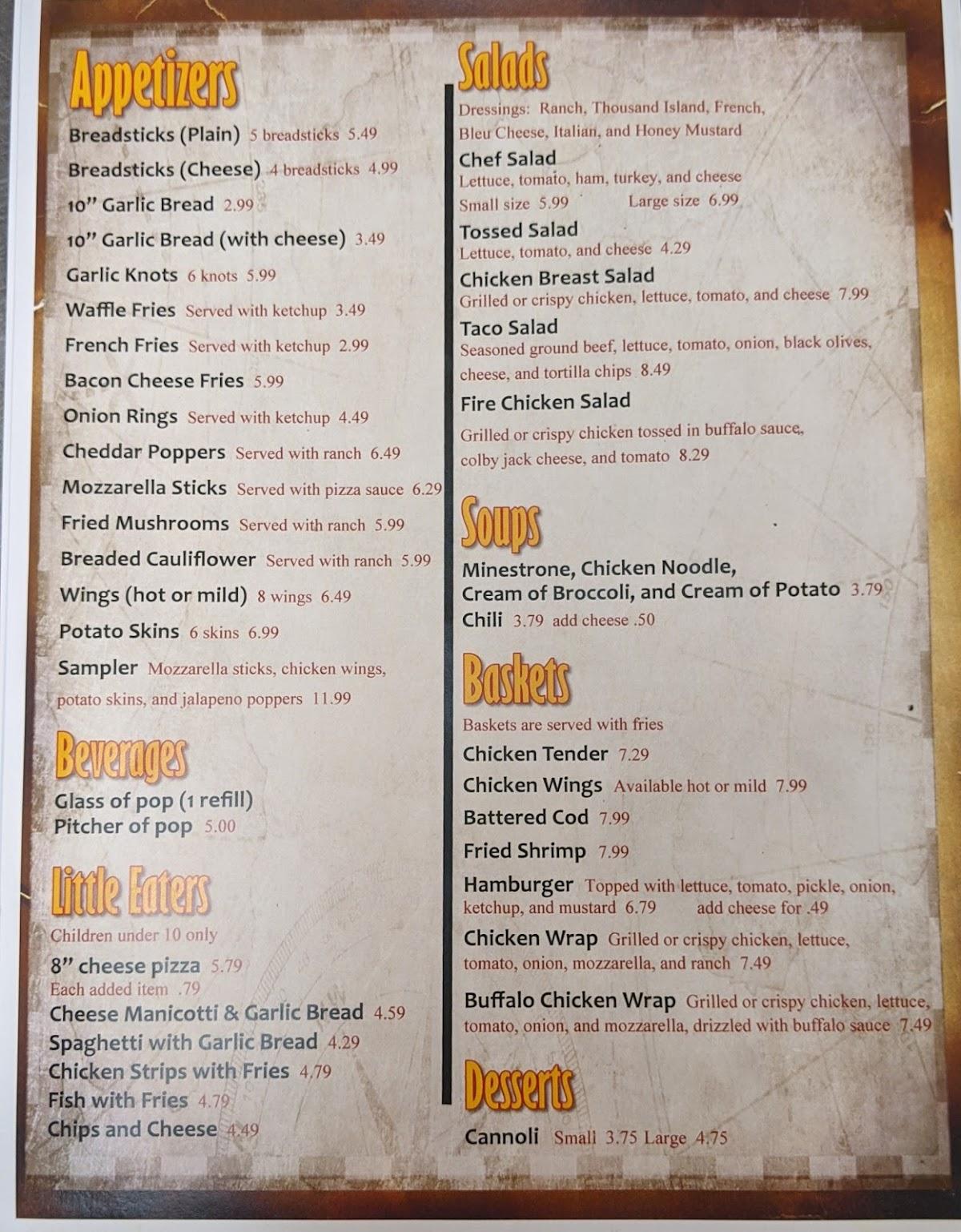 Menu at Faro Italian Pizza pizzeria, Middleville