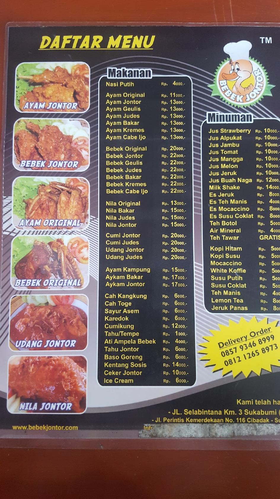 Menu at Bebek Jontor Cibadak restaurant, Cibadak