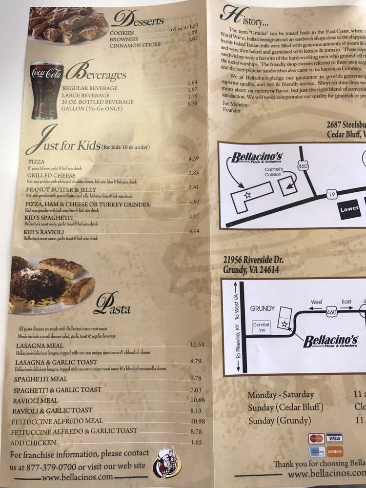 Menu at Bellacino's Pizza & Grinders pizzeria, Claypool Hill