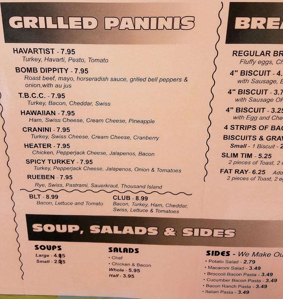 Menu at Bob's Deli restaurant, Roseburg