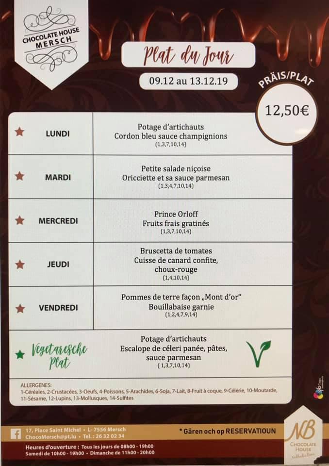 Menu at Chocolate House cafe, Mersch