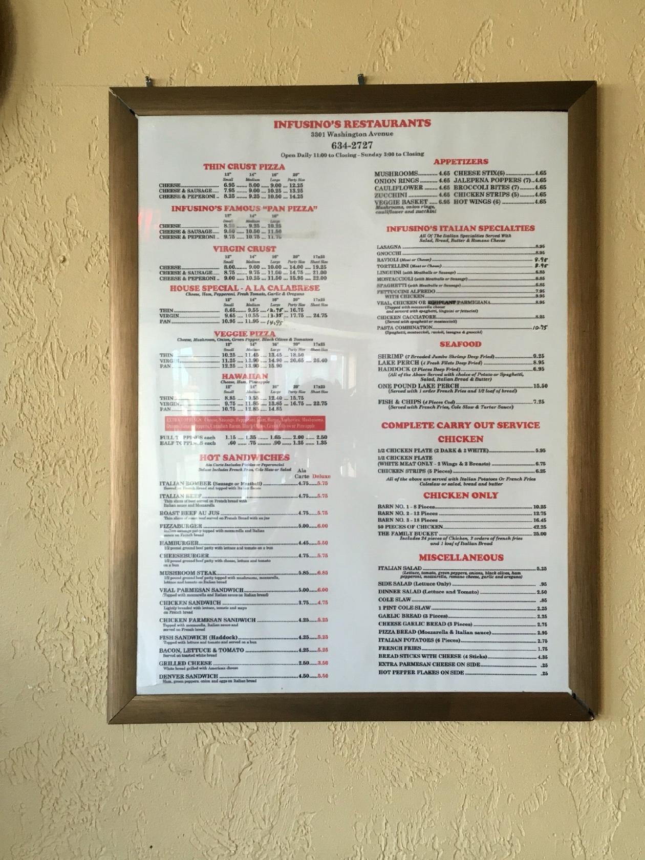 Menu at Infusino's Pizzeria West, Racine, Washington Ave
