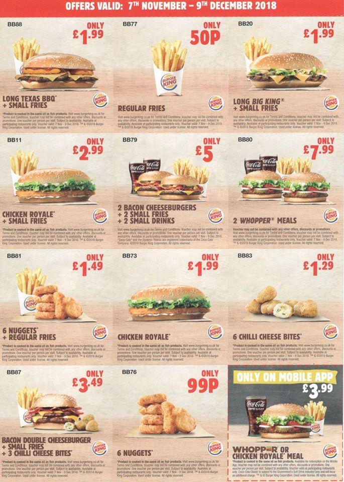 Menu at Burger King restaurant, Eaton Socon