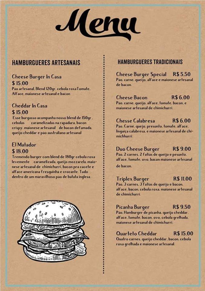 Burger in Casa Rio de Janeiro RJ cardápio