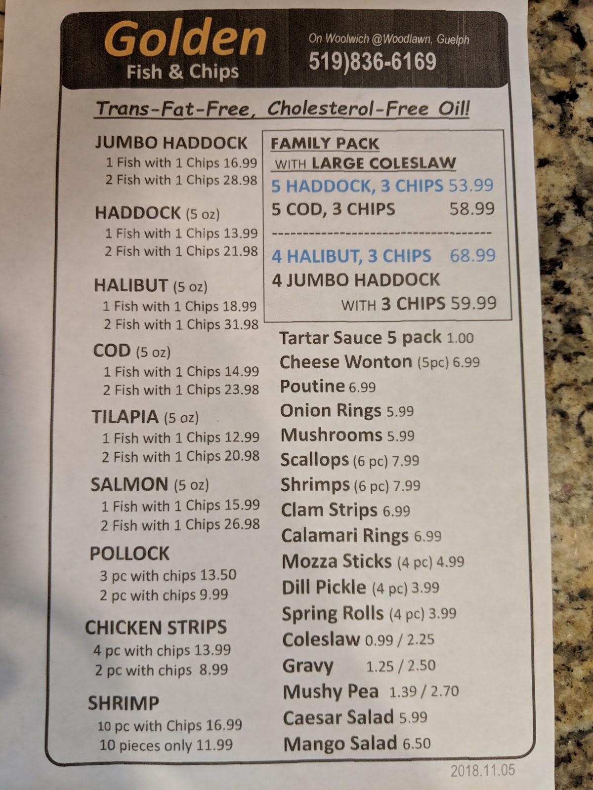 Menu at Golden Fish & Chips Woolwich restaurant, Guelph, 787 Woolwich St