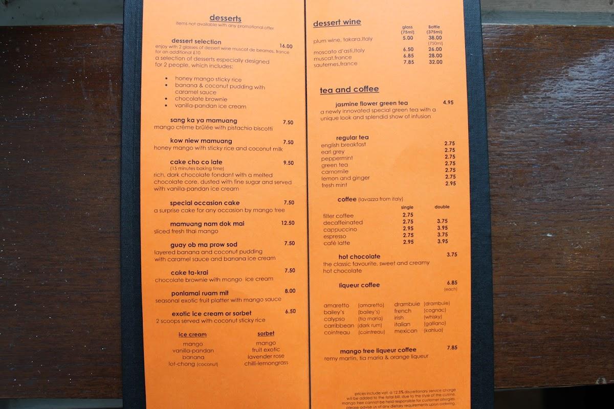 Menu at Mango Tree restaurant, London, 46 Grosvenor Pl